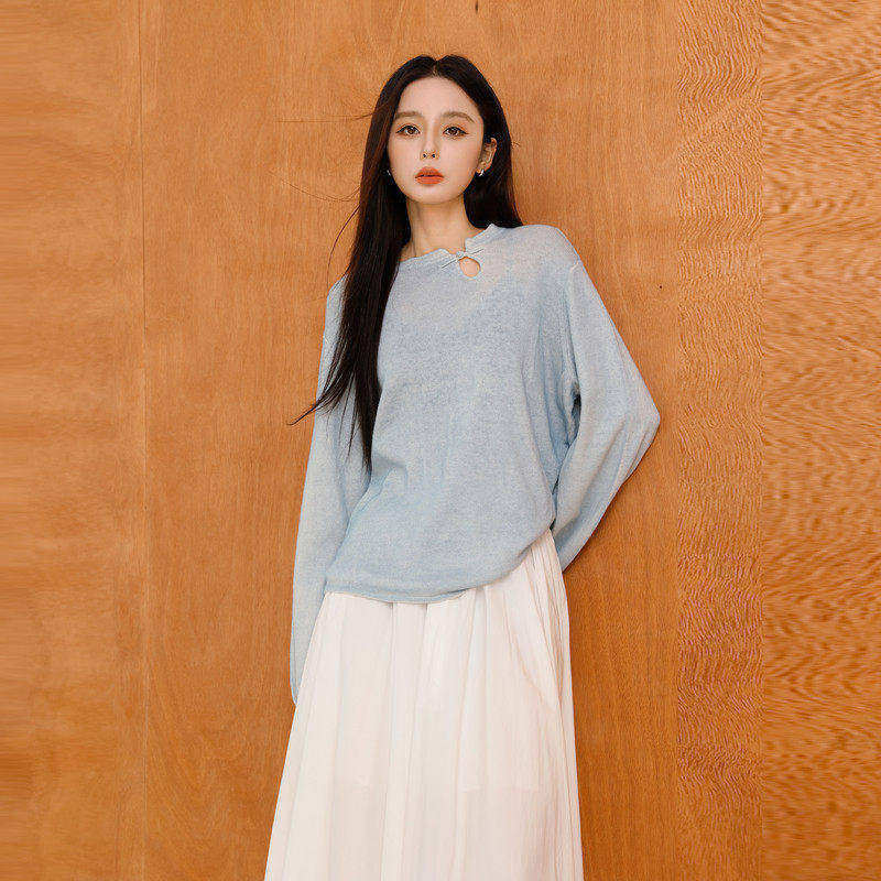 AIRIQI秋季新款新中式设计感水滴领落肩亚麻长款毛衫女AX43