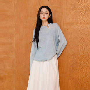 AIRIQI秋季新款新中式设计感水滴领落肩亚麻长款毛衫女AX43MS016