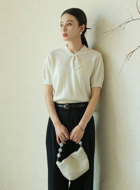 黑标BAIZHUO秋季新款新中式盘扣羊毛斜襟慵懒短袖针织衫AZ43MS154