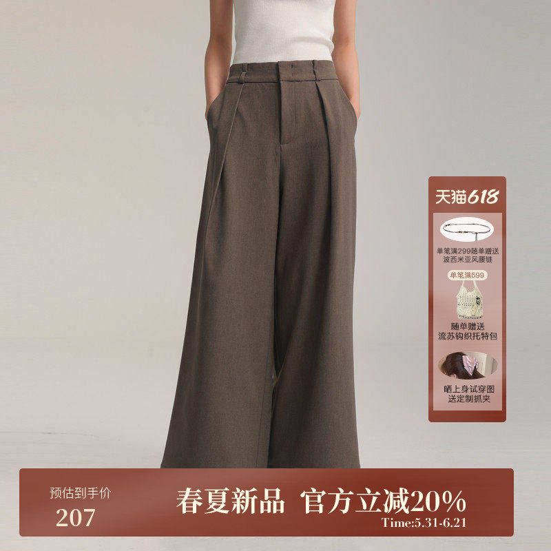 黑标BAIZHUO春季新款宽松垂感拖地压褶直筒阔腿休闲裤女AZ51CK207