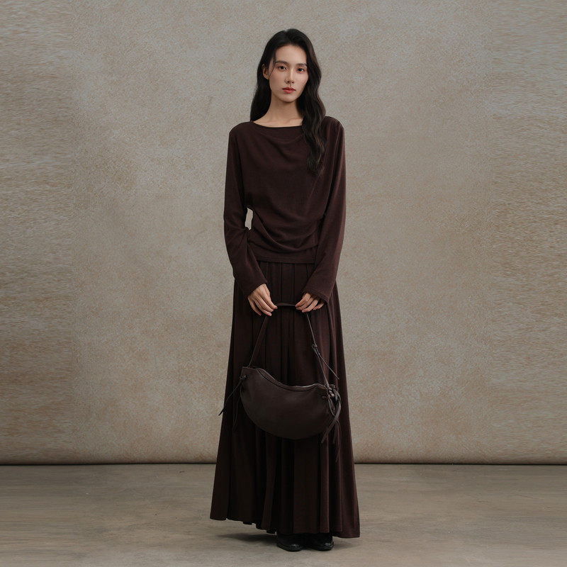 AIRIQI商场同款25冬新款慵懒风针织上衣+压褶半裙套装女AH