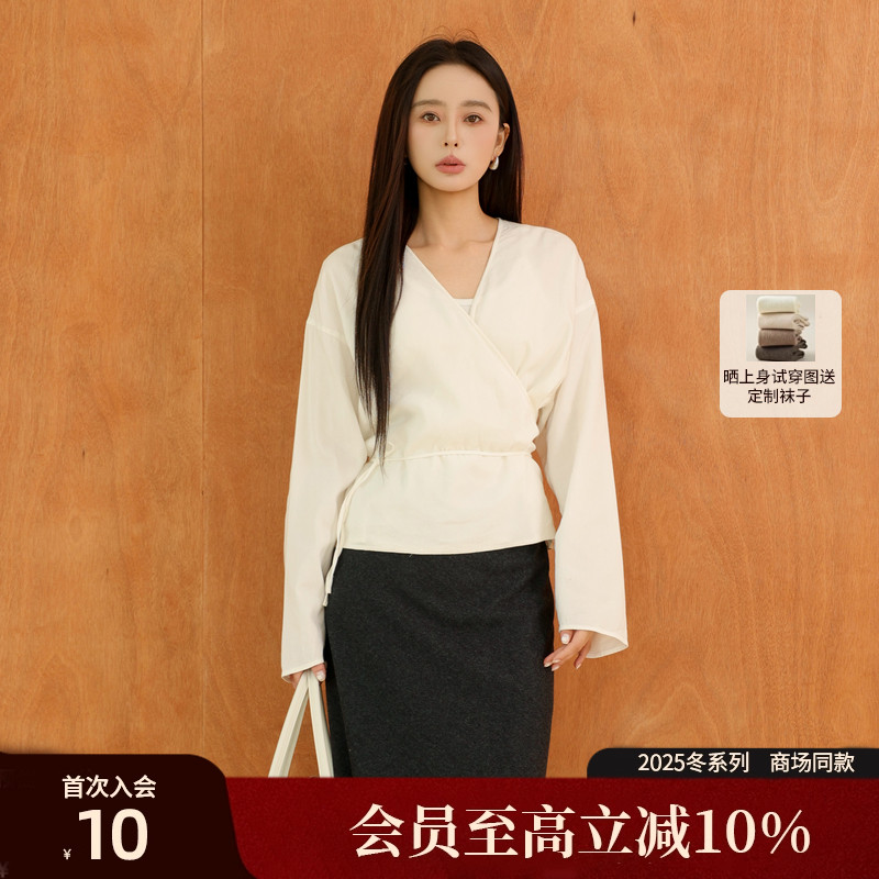 AIRIQI25冬新款休闲V领长袖衬衫