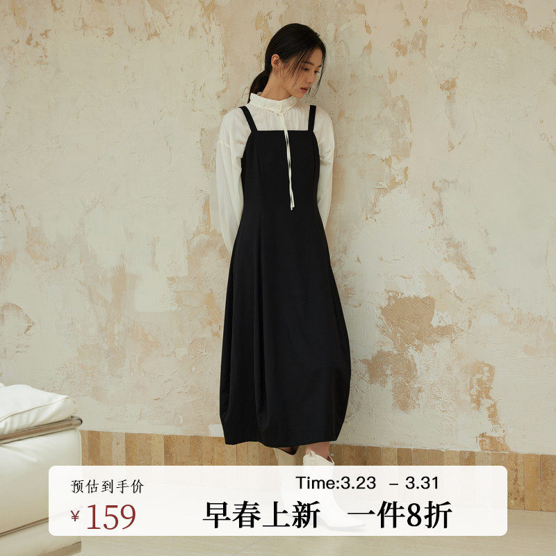 黑标BAIZHUO春季新款法式复古简约修身一字领吊带连衣裙AZ4