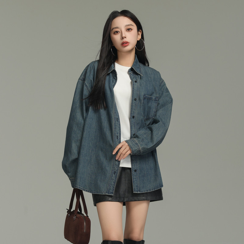 AIRIQI春季新款休闲港风复古蓝色翻领宽松分割牛仔衬衫AI44