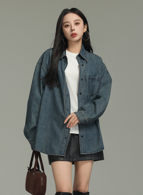 AIRIQI春季新款休闲港风复古蓝色翻领宽松分割牛仔衬衫AI44CS204