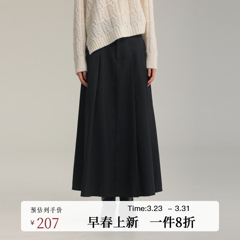 黑标BAIZHUO春季新款格雷系极简休闲通勤压褶A字半身裙AZ5