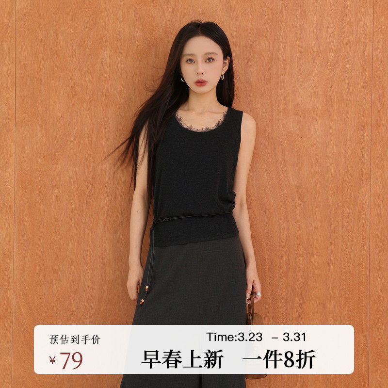 黑标BAIZHUO春季新款U领蕾丝拼接设计感修身针织背心女AZ5