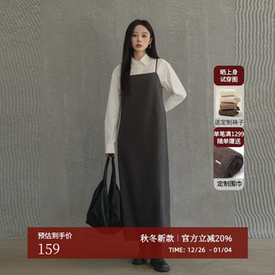 AIRIQI冬季 极简通勤气质一字领显瘦吊带A字连衣裙女AY44LQ247 新款