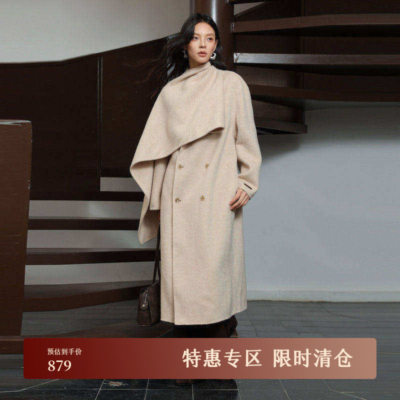 黑标BAIZHUO冬季新款双面呢设计感围巾领驼绒毛呢外套女AZ4