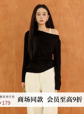 AIRIQI商场同款25冬新款斜肩领修身短款长袖针织打底衫AH54DS173