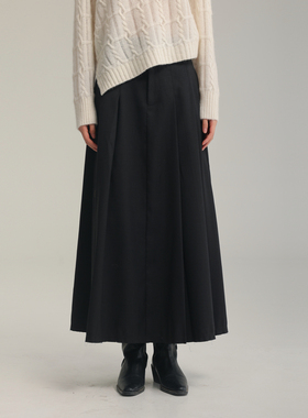 黑标BAIZHUO春季新款格雷系极简休闲通勤压褶A字半身裙AZ51BQ128