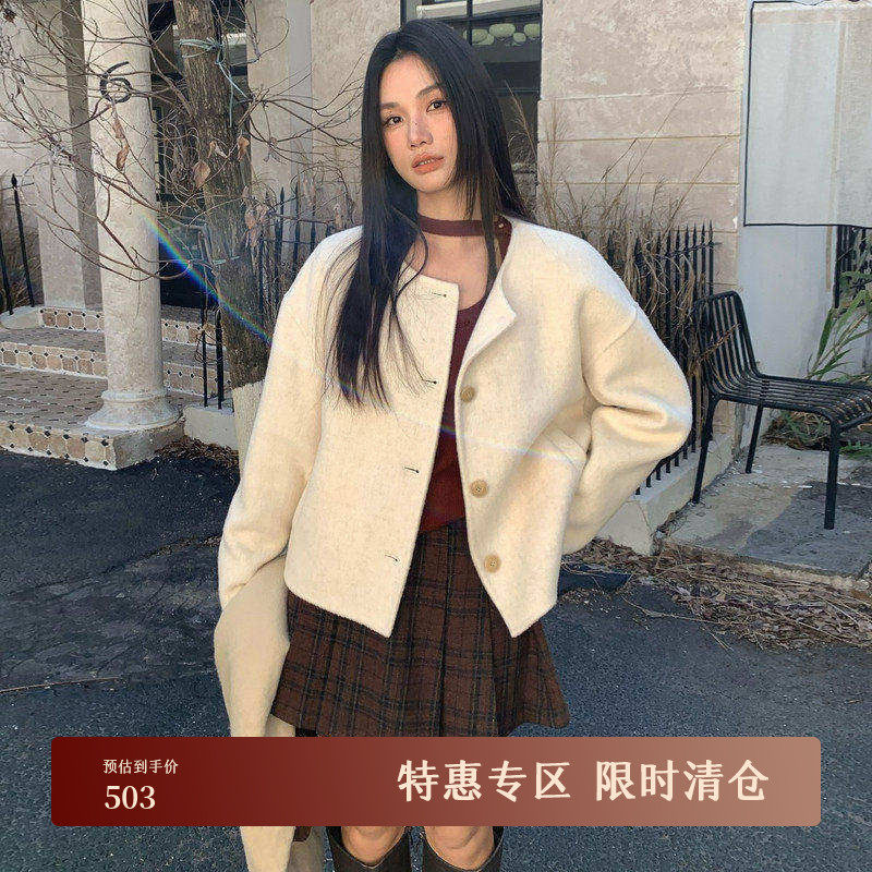 AIRIQI冬季新款圆领简约通勤全羊毛双面呢短款毛呢外套AH44
