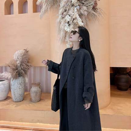 2024新款韩版围巾设计师定制女款圆领双面呢大衣秋冬长款2465
