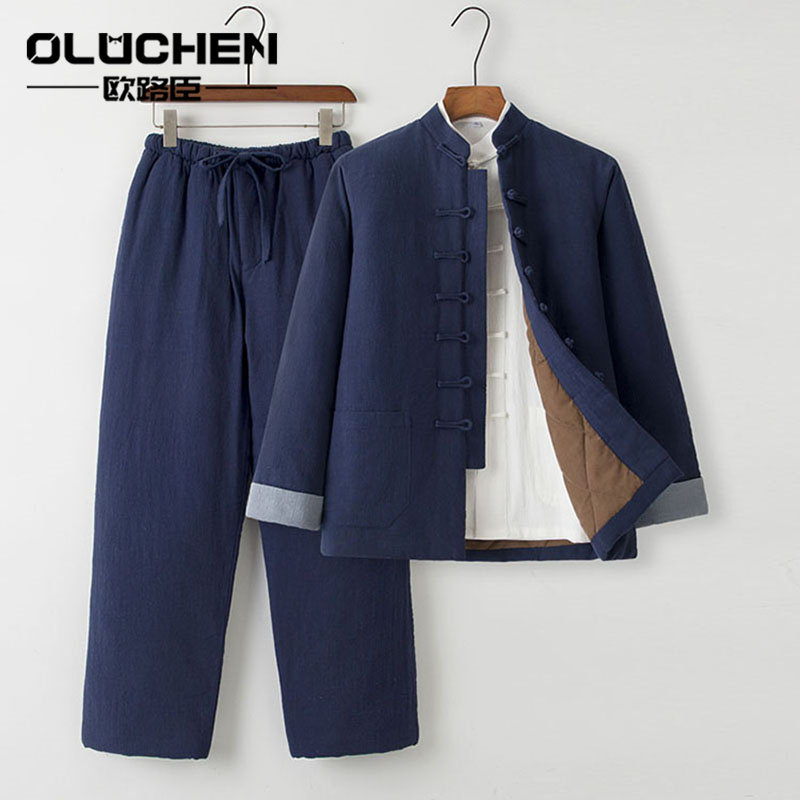 OULUCHEN中式男装亚麻唐装中国风棉衣套装复古棉袄棉麻汉服外套
