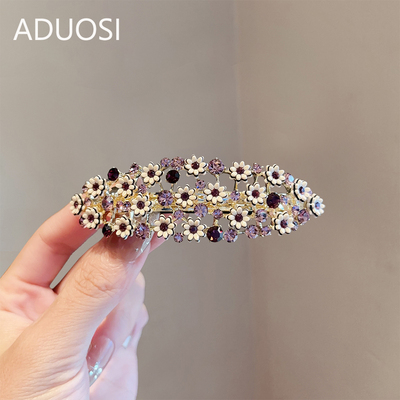 高级感紫色水钻小雏菊妈妈发夹后脑勺盘发夹一字夹半扎马尾弹簧夹