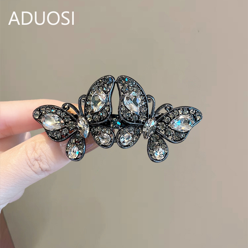 复古呛黑水钻双蝴蝶弹簧夹时尚发夹后脑勺顶夹横夹马尾夹一字夹