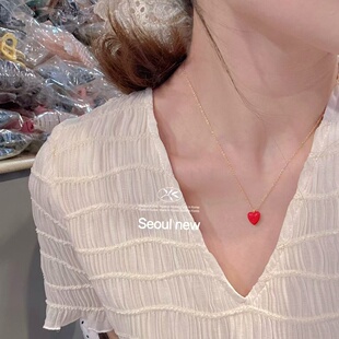 韩国进口纯银红色爱心项链小众设计感锁骨链小红心吊坠颈链毛衣链