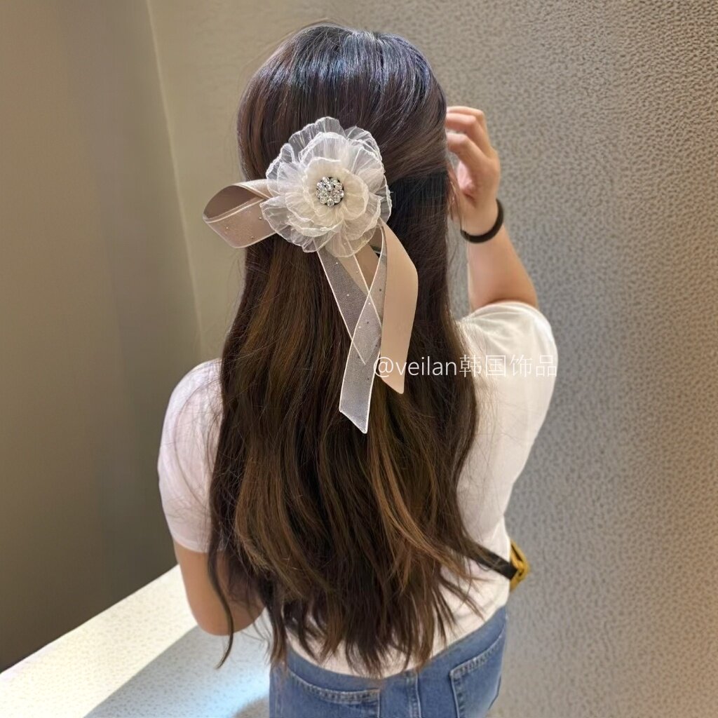 veilan韩国进口设计师款蕾丝花朵发夹女弹簧夹发卡发饰马尾夹头饰
