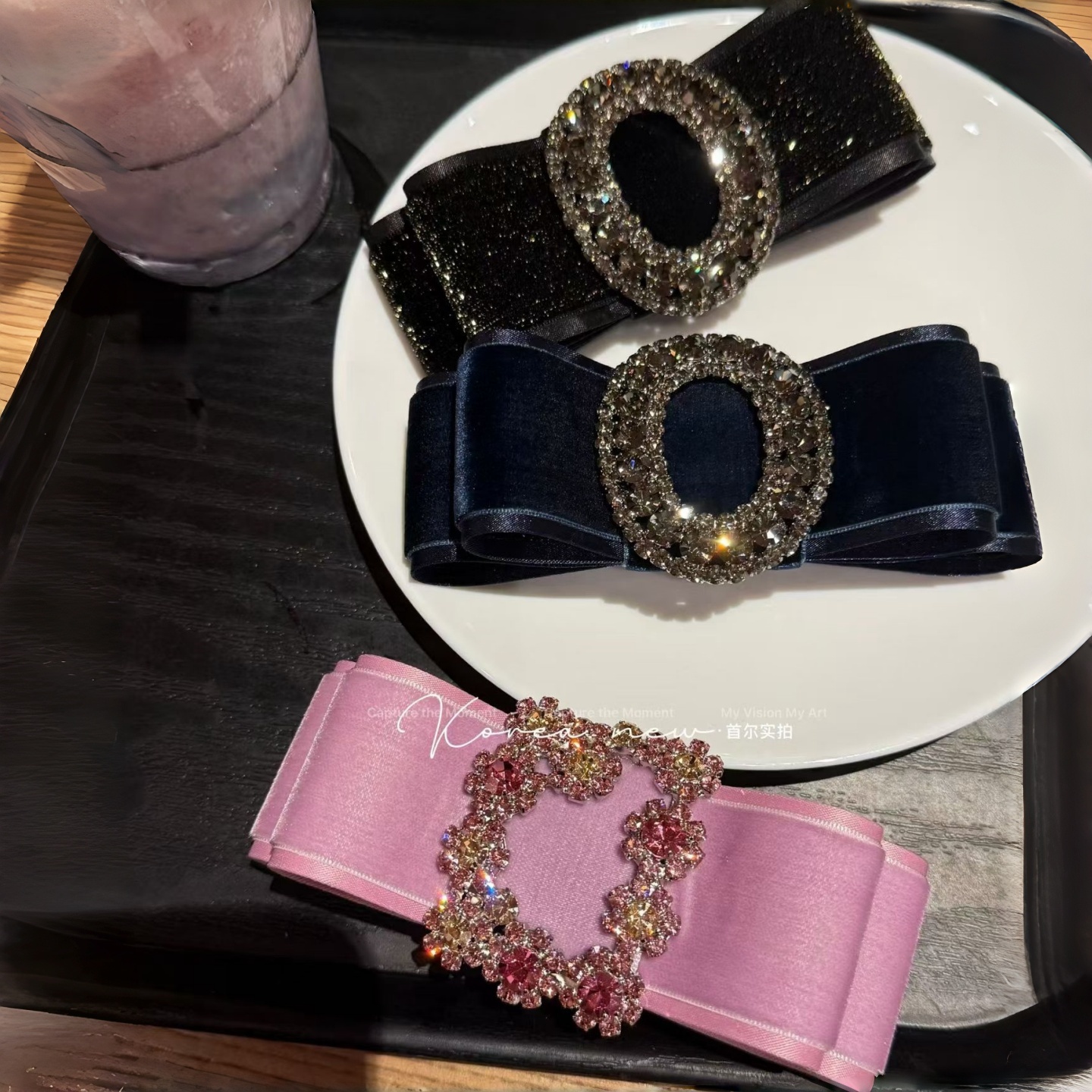 韩国进口时尚水钻丝绒蝴蝶结发夹