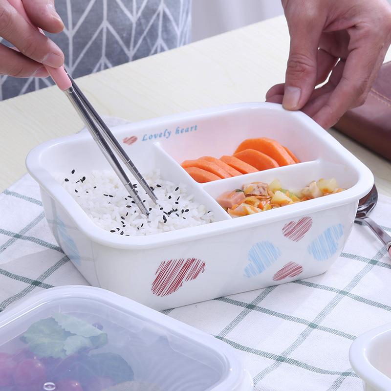 奶牛陶瓷分格饭盒女上班族微波炉加热饭盒可爱心长方形三格便当盒