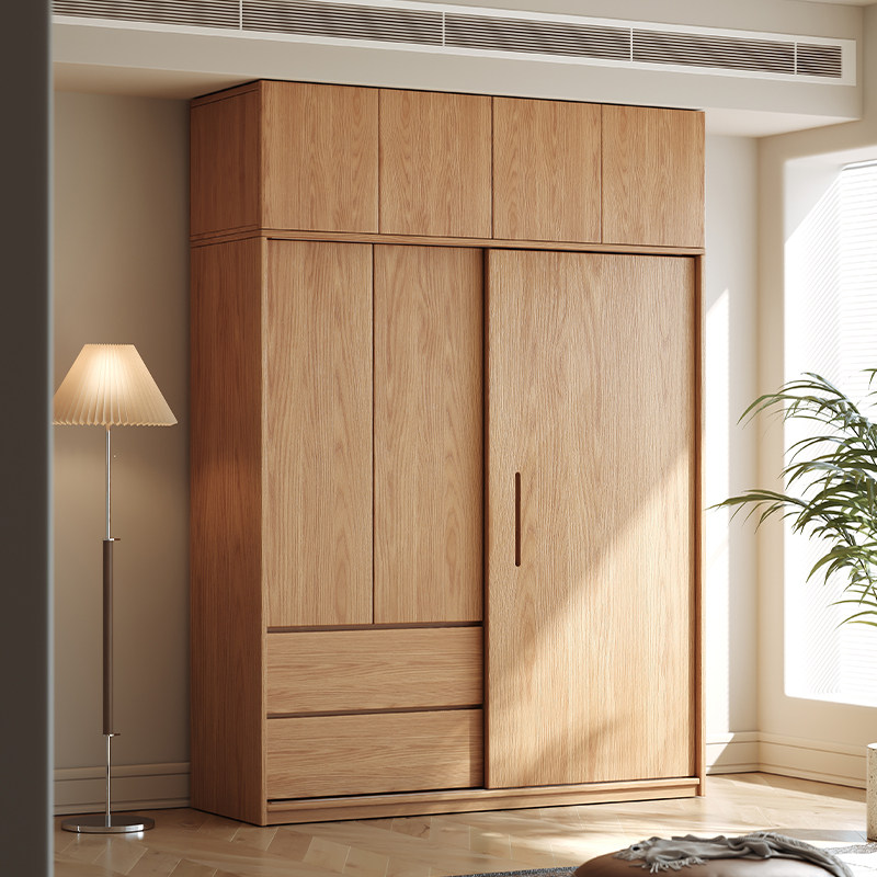 全实木橡木拉门衣柜家用卧室原木风现代简约儿童衣橱趟门挂衣柜