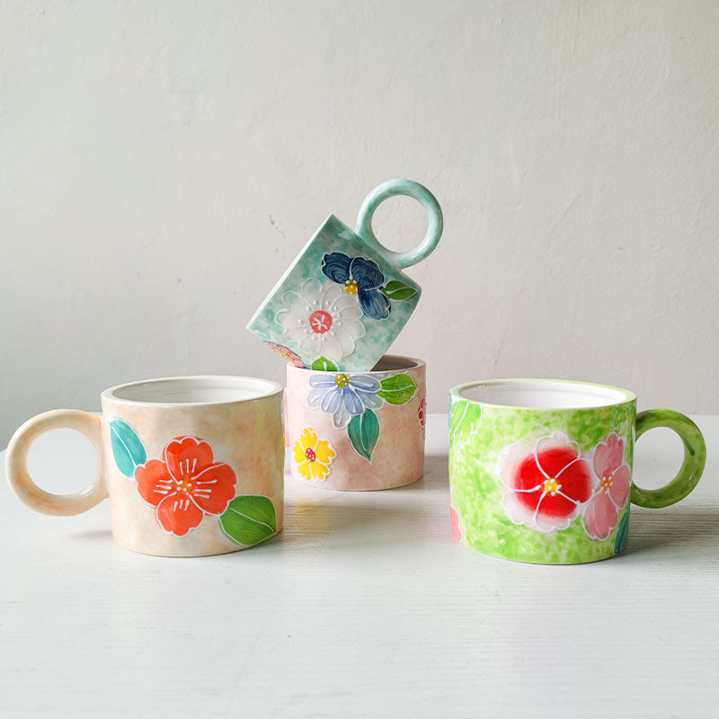 手绘花朵陶瓷马克杯小众设计咖啡杯子早餐水杯高颜值女生家用