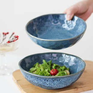 浅口陶瓷碗水波纹复古风家用高颜值餐具釉下彩菜盘汤盘深盘微瑕疵