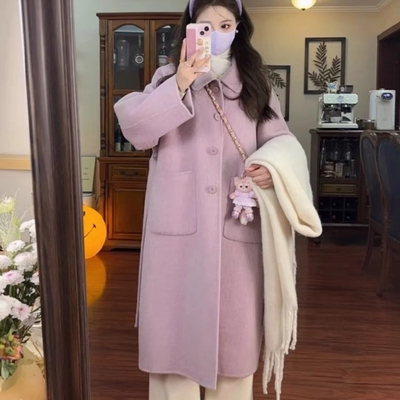 高级感温柔风紫色呢子大衣女秋冬装新款韩版中长款小个子毛呢外套