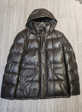 孤品出口日本Haruf小羊皮羽绒真皮休闲连帽皮衣外套