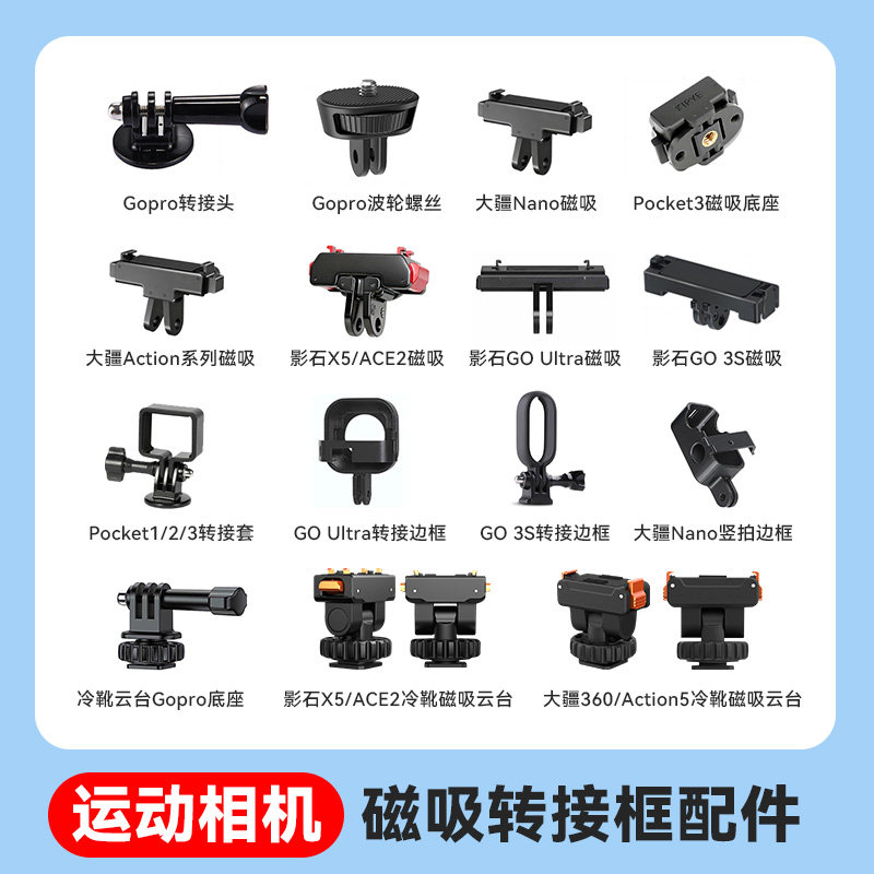 适用大疆Action6/5Pro旋转金属磁吸快拆运动相机nano/omso360二代/360X6/AcePro拓展转接底座骑行支架图片