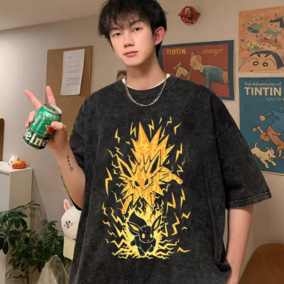 神奇宝可梦动漫周边神奇宝贝进化伊布鬼斯通短袖水洗复古纯棉T恤