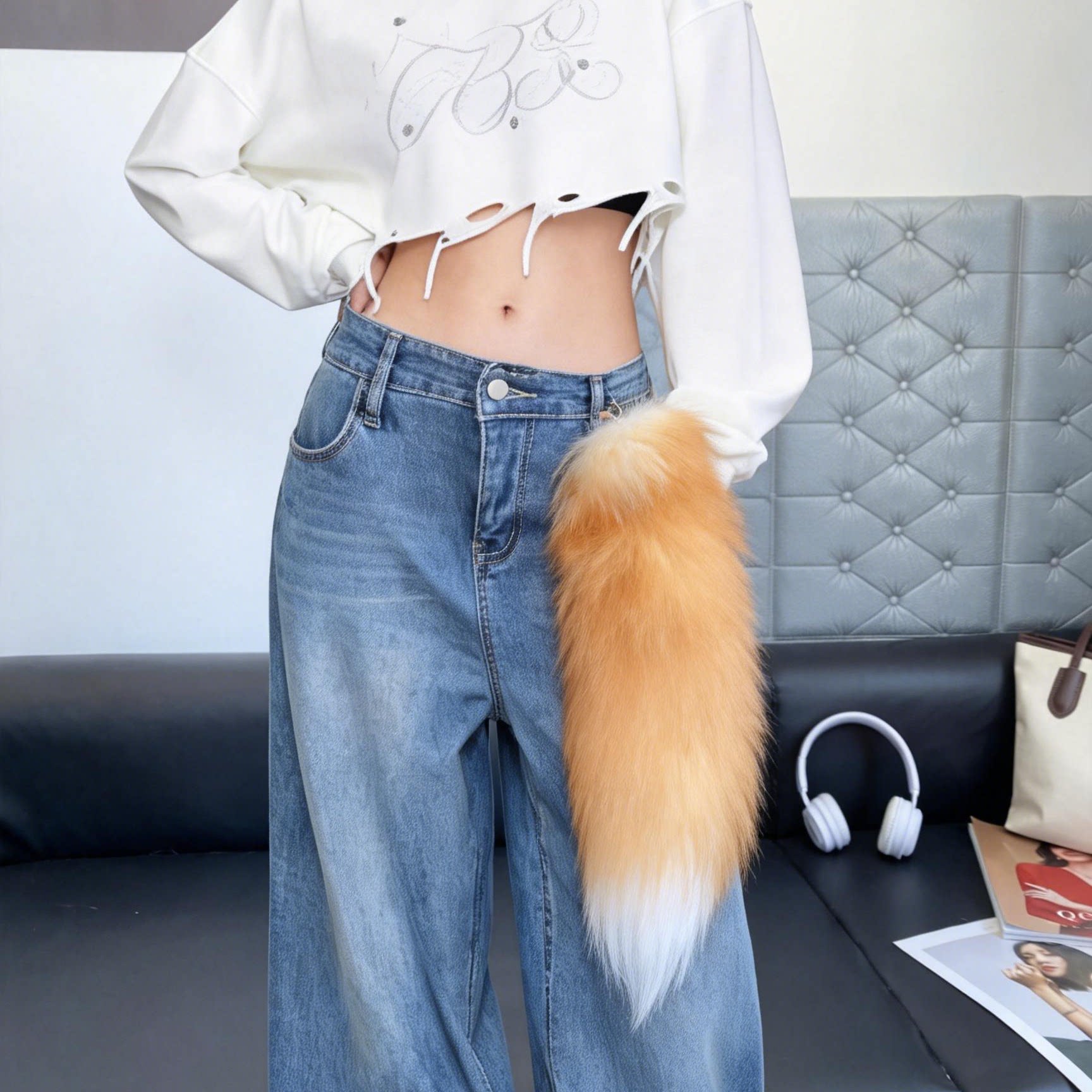 狐狸毛尾巴辣妹亚文化挂饰爵士舞蹈腰饰个性y2k毛毛挂件腰链配饰