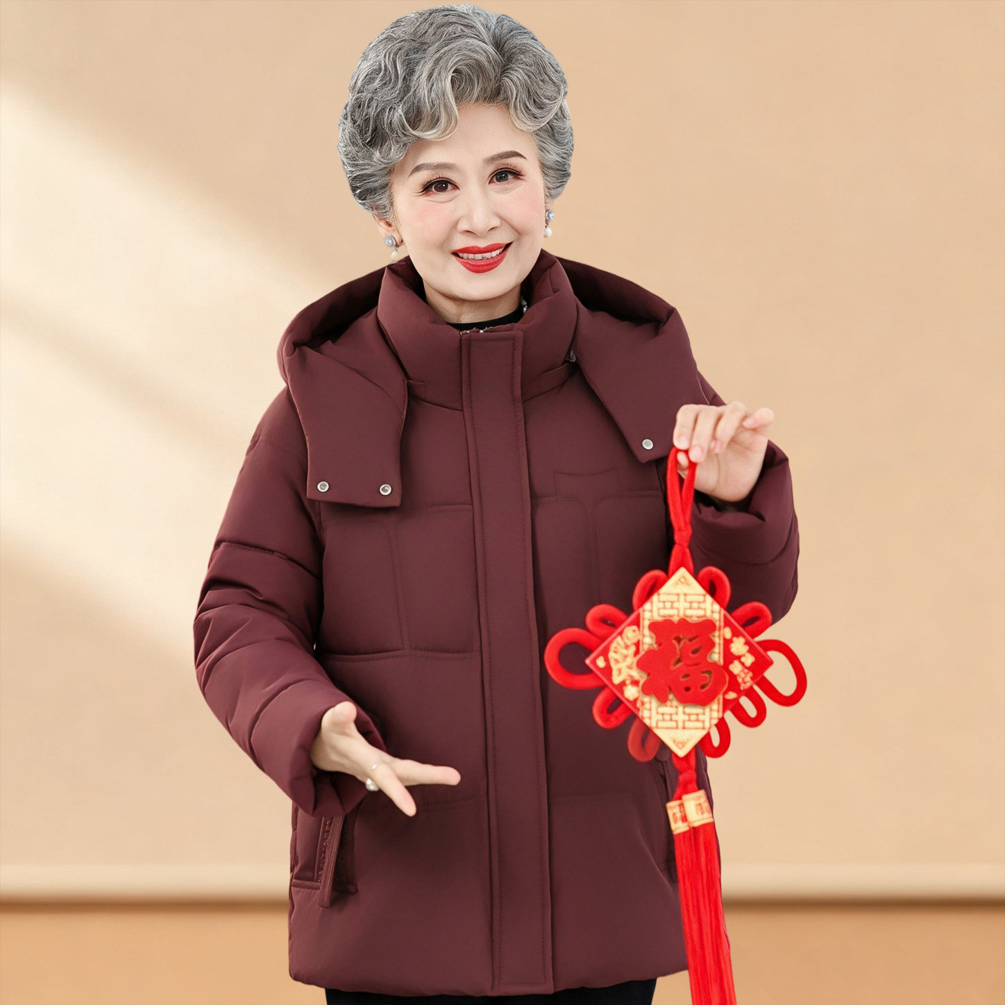 奶奶冬装连帽加绒加厚羽绒棉服