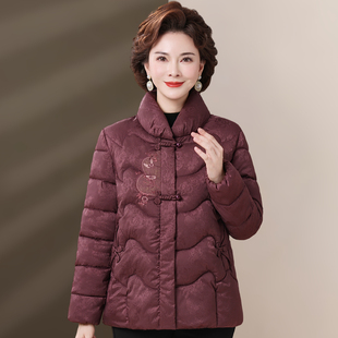 中年妈妈冬装外套洋气绣花羽绒棉服时尚短款棉衣70多岁60奶奶棉袄