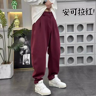 2025春季新款潮牌弯刀裤宽松休闲裤男款红色卫裤按扣直筒运动裤子