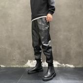 加绒加厚外卖骑手保暖皮裤 男士 休闲韩版 秋冬季 PU皮摩托机车束口裤