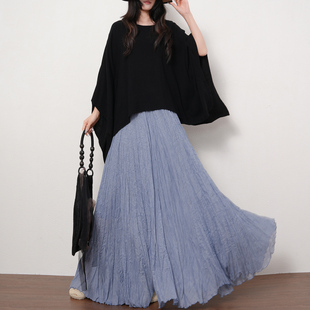 1725 休闲仿棉麻大摆半身裙女高腰显瘦褶皱长裙A字裙古风裙