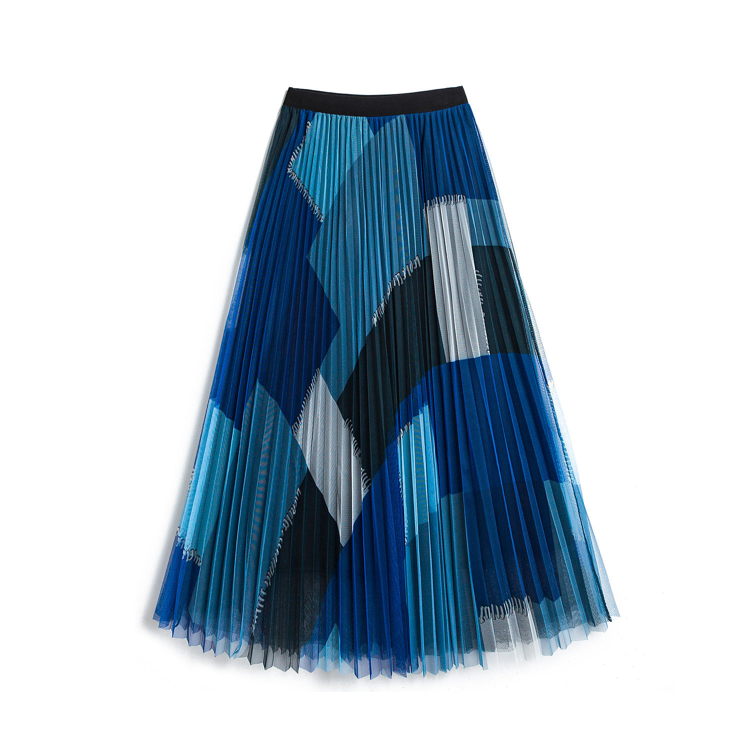 1805 拼色几何图案网纱半身裙女2025秋季新款高腰百褶垂感纱裙