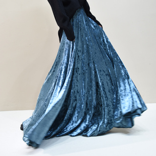 2610 复古丝绒A字半身裙女高腰显瘦长裙流光感大摆裙国风气质长裙