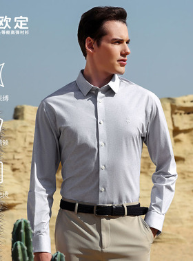 欧定头等舱衬衫男款长袖秋装月岩灰纯色修身通勤品质衬衣男士