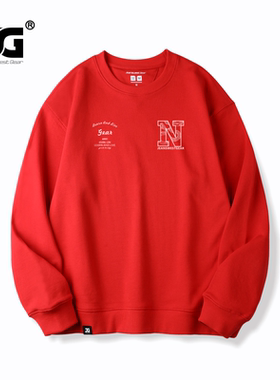 JG男装大码品牌复古风胸标字母印花长袖卫衣男女中性风红色全棉