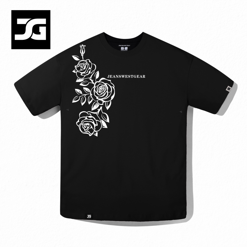 JG男装大码品牌美式玫瑰花英文印花圆领短袖t恤男女同款街头潮牌