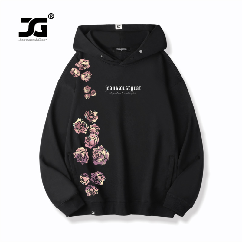 男女同款玫瑰印花情侣卫衣连帽衫