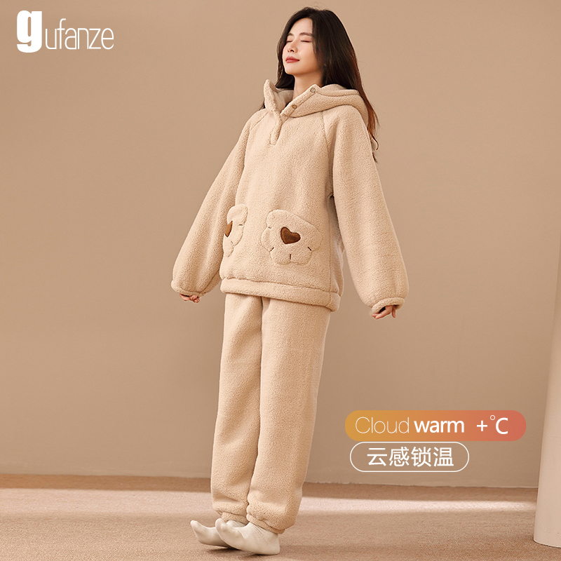 女士珊瑚绒休闲可外穿卡通睡衣