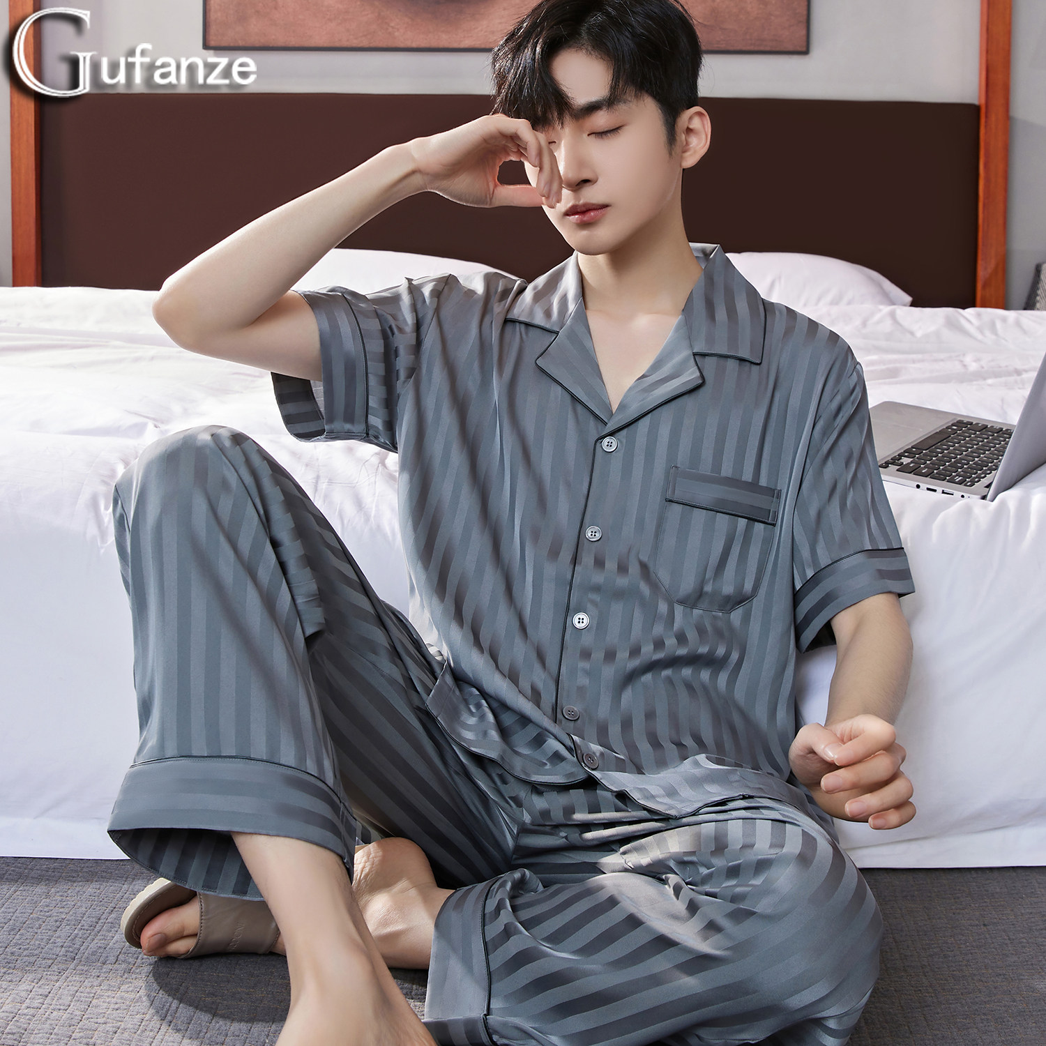 男士睡衣夏季冰丝短袖长裤男款春秋款家居服薄款夏天丝绸2026新款