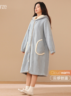 秋冬季珊瑚绒睡袍女士加厚加绒长款法兰绒浴袍连帽长袍睡衣家居服