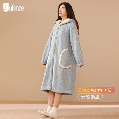 女士珊瑚绒加长款加绒睡袍家居服