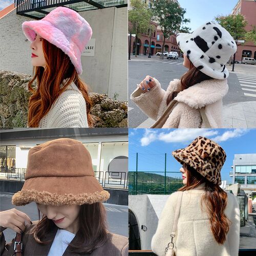 Tie-Dyeing Winter Bucket Hat Leopard Cow Print Plush Warm Wo