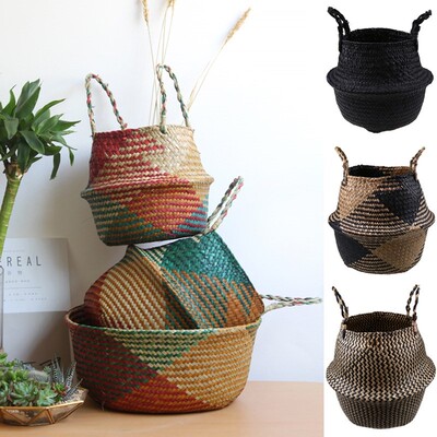 WHISM Foldable Handmade basket Seagrass Belly Rattan Storag