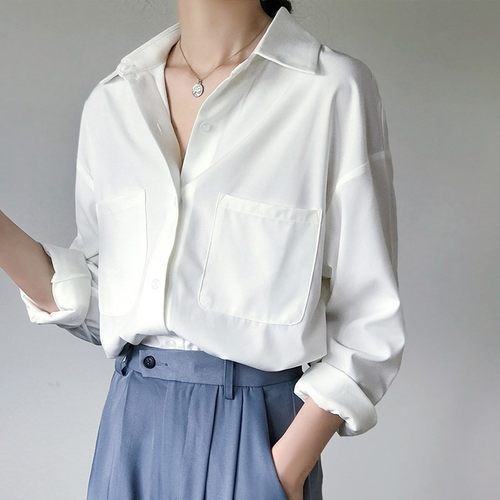 OL Style White Shirts for Women Turn-down Collar Pockets Wom